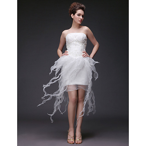 

Sheath / Column Wedding Dresses Strapless Asymmetrical Organza Satin Sleeveless Little White Dress with Beading Appliques Ruffle 2021