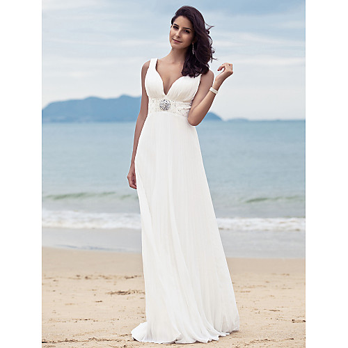 

Sheath / Column Wedding Dresses Straps V Neck Sweep / Brush Train Floor Length Chiffon Sleeveless with 2021