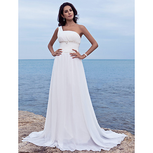 

Sheath / Column Wedding Dresses One Shoulder Court Train Chiffon Sleeveless with 2021