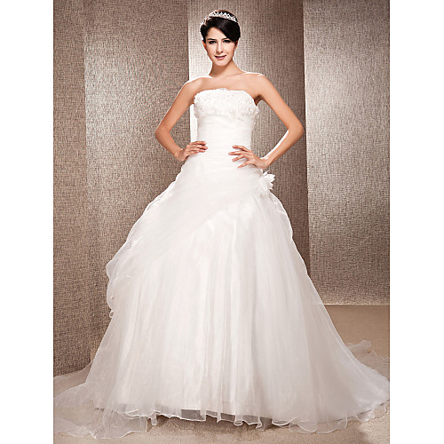 

Ball Gown A-Line Wedding Dresses Strapless Court Train Organza Sleeveless with 2021