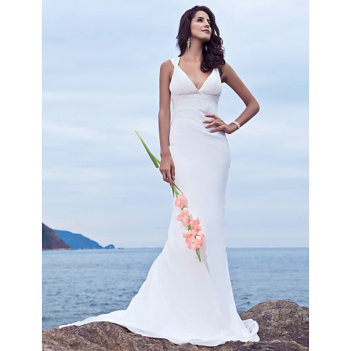 

Mermaid / Trumpet Wedding Dresses V Neck Sweep / Brush Train Chiffon Regular Straps Beach Backless with Beading 2021