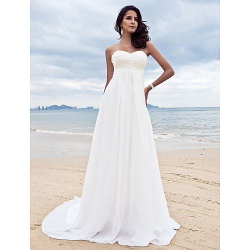 

A-Line Wedding Dresses Sweetheart Neckline Court Train Chiffon Strapless Simple Beach Plus Size with Beading Appliques 2021