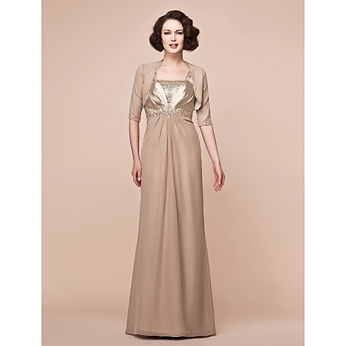 

Sheath / Column Mother of the Bride Dress Wrap Included Straps Floor Length Chiffon Stretch Satin Half Sleeve with Beading Draping Side Draping 2021