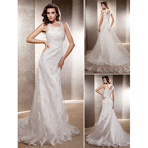 

Mermaid / Trumpet Wedding Dresses Scoop Neck Sweep / Brush Train Lace Tulle Sleeveless with 2021