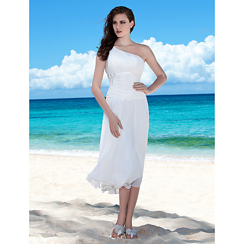 

Sheath / Column Wedding Dresses One Shoulder Tea Length Chiffon Regular Straps Casual Beach Plus Size with Bowknot Sash / Ribbon Ruched 2021