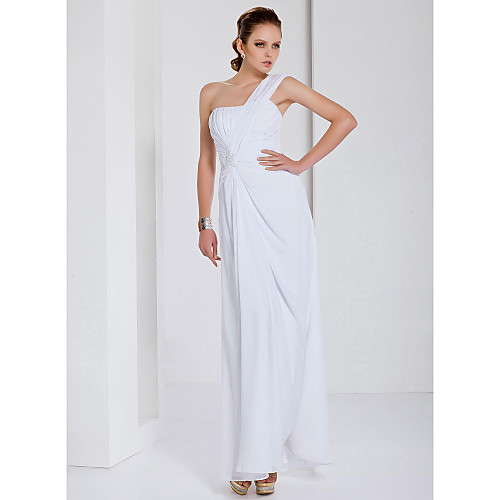

Sheath / Column Open Back Prom Formal Evening Military Ball Dress One Shoulder Sleeveless Floor Length Chiffon with Beading Draping Appliques 2021