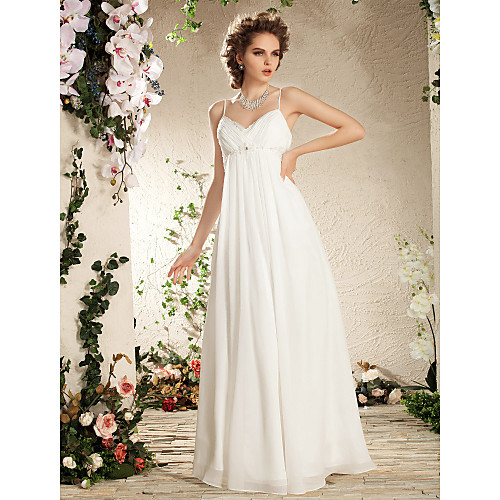 

Sheath / Column Wedding Dresses V Neck Floor Length Chiffon Spaghetti Strap Simple Casual Plus Size with Beading Draping Side-Draped 2021