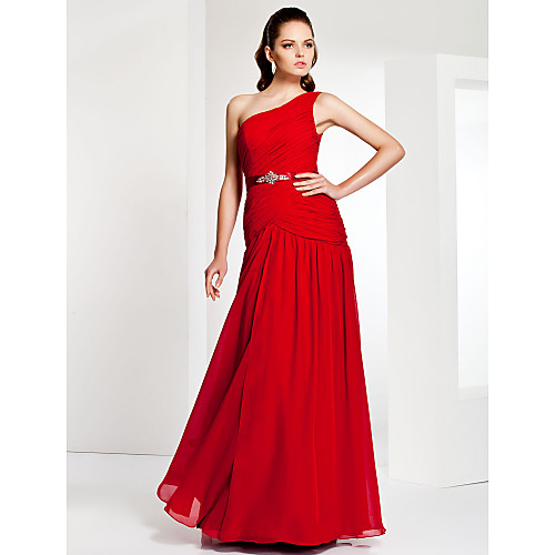 

Sheath / Column Elegant Prom Formal Evening Military Ball Dress One Shoulder Sleeveless Floor Length Chiffon with Sash / Ribbon Criss Cross Beading 2021