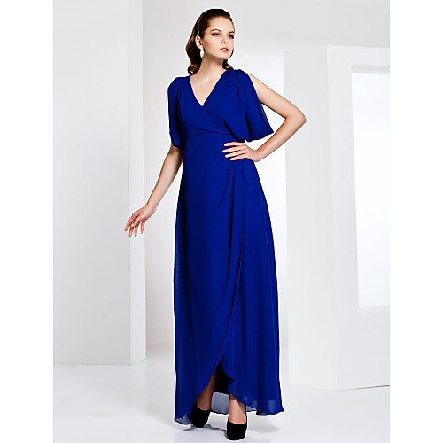 

Sheath / Column Elegant Formal Evening Military Ball Dress V Neck Short Sleeve Floor Length Chiffon with Side Draping 2021
