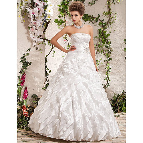 

Ball Gown Wedding Dresses Strapless Floor Length Taffeta Sleeveless with Beading Cascading Ruffle Criss-Cross 2021