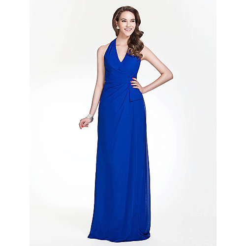 

Sheath / Column Halter Neck / V Neck Floor Length Chiffon Bridesmaid Dress with Side Draping / Open Back
