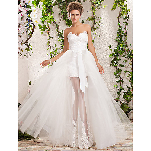 

A-Line Wedding Dresses Sweetheart Neckline Floor Length Tulle Strapless Floral Lace with Appliques 2021