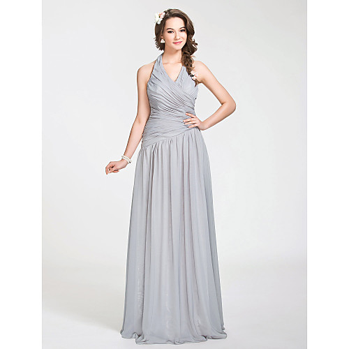 

Princess / A-Line Halter Neck Floor Length Chiffon Bridesmaid Dress with Criss Cross / Draping / Side Draping