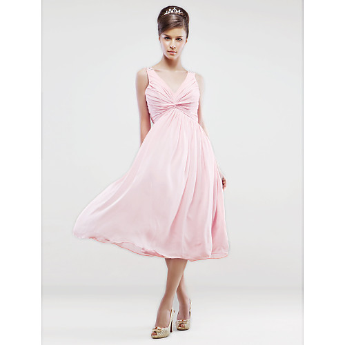 

A-Line Homecoming Wedding Party Dress V Neck Sleeveless Knee Length Chiffon with Criss Cross Pleats Beading 2021