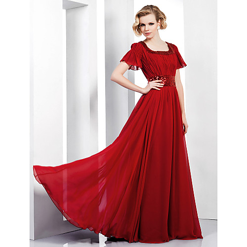 

Sheath / Column Elegant Formal Evening Military Ball Dress Scoop Neck Short Sleeve Floor Length Chiffon Sequined with Sequin Draping 2021