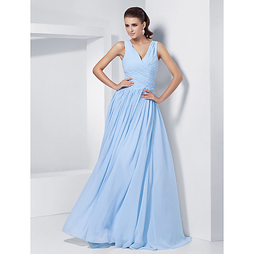 

Ball Gown Elegant Prom Formal Evening Military Ball Dress V Neck Sleeveless Floor Length Chiffon with Criss Cross Beading 2021