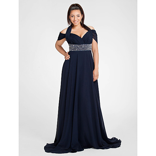 

Sheath / Column Elegant Open Back Prom Formal Evening Dress Halter Neck Short Sleeve Sweep / Brush Train Chiffon with Ruched Beading 2021