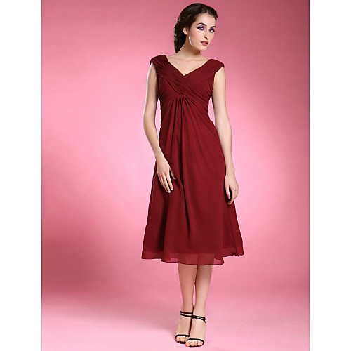 

Sheath / Column Cocktail Party Wedding Party Dress V Neck Sleeveless Tea Length Chiffon with Criss Cross Side Draping 2021
