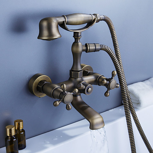 

Bathtub Faucet, Antique Brass Rainfall Shower Mixer Taps Contain with Handshower and Cold/Hot Water