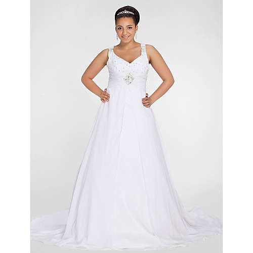 

A-Line Wedding Dresses V Neck Chapel Train Chiffon Regular Straps Formal Sparkle & Shine Plus Size with Ruched Beading Draping 2021
