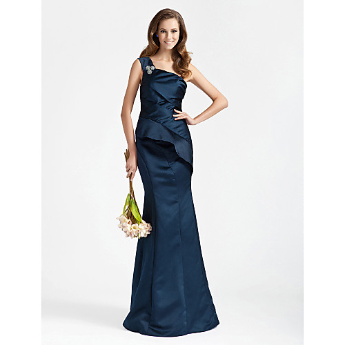 

Mermaid / Trumpet One Shoulder Floor Length Satin Bridesmaid Dress with Ruffles / Crystal Brooch