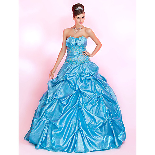 

Ball Gown Vintage Inspired Quinceanera Prom Formal Evening Dress Strapless Sleeveless Floor Length Taffeta with Pick Up Skirt Sash / Ribbon Bow(s) 2021