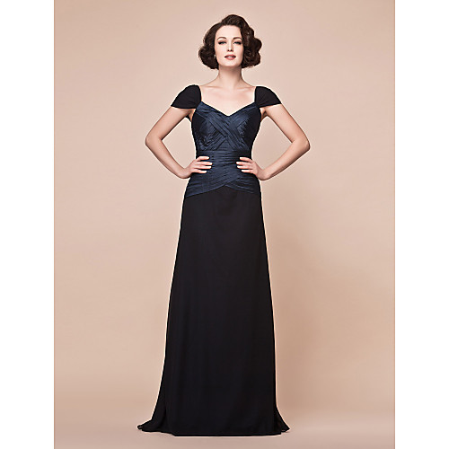 

A-Line Mother of the Bride Dress Open Back Straps V Neck Floor Length Chiffon Stretch Satin Short Sleeve with Criss Cross Ruched 2021