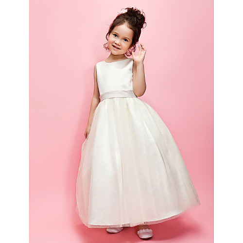 

Ball Gown / A-Line Ankle Length Wedding / First Communion Flower Girl Dresses - Satin / Tulle Sleeveless Jewel Neck with Sash / Ribbon / Bow(s) / Spring / Summer / Fall / Winter