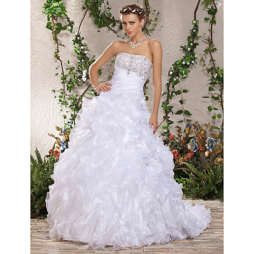 

Ball Gown Wedding Dresses Strapless Court Train Organza Sleeveless with 2021