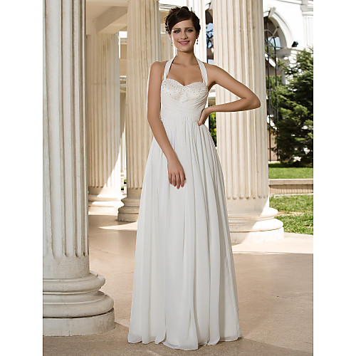 

A-Line Wedding Dresses Halter Neck Floor Length Chiffon Sleeveless See-Through with Sequin Criss-Cross 2021