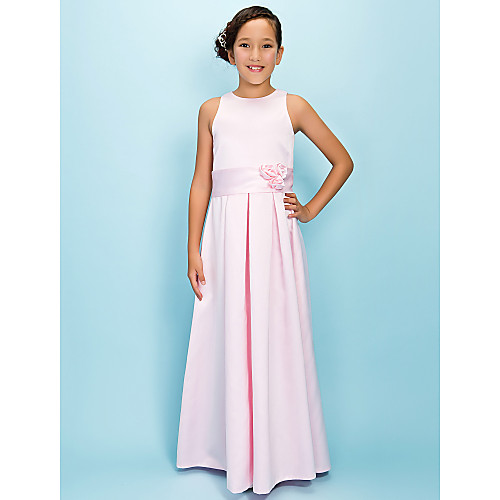 

A-Line Jewel Neck Floor Length Satin Junior Bridesmaid Dress with Sash / Ribbon / Draping / Flower / Spring / Fall / Winter / Apple / Hourglass