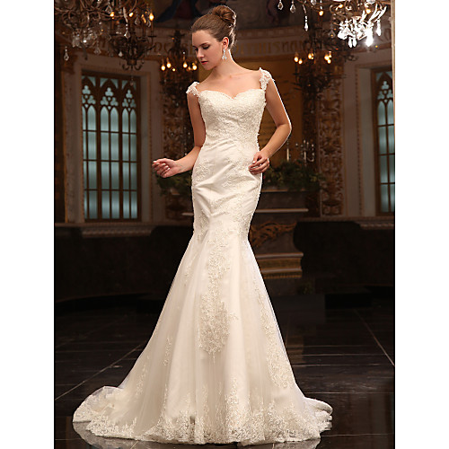 

Mermaid / Trumpet Wedding Dresses Straps Sweetheart Neckline Court Train Lace Satin Short Sleeve with 2021