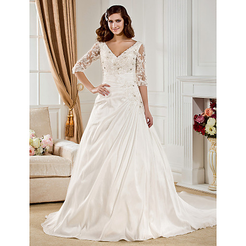 

Ball Gown Wedding Dresses V Neck Chapel Train Taffeta Half Sleeve See-Through with Ruched Beading Appliques 2021