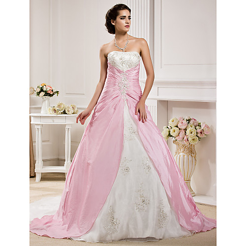 

Ball Gown Wedding Dresses Strapless Chapel Train Organza Taffeta Strapless Wedding Dress in Color with Ruched Beading Appliques 2021