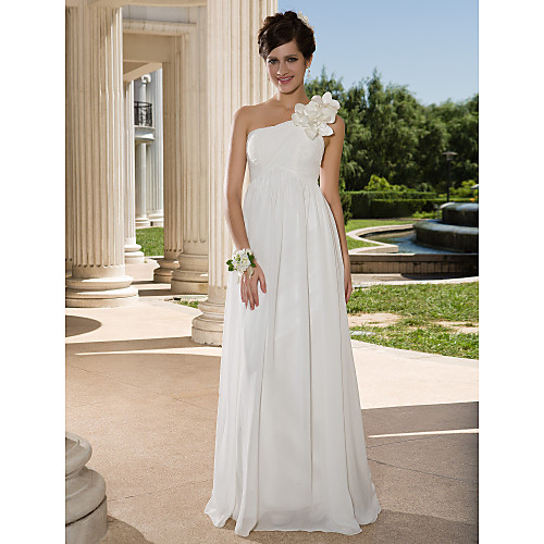 

Sheath / Column Wedding Dresses One Shoulder Floor Length Chiffon Sleeveless See-Through with Flower Criss-Cross Side-Draped 2021