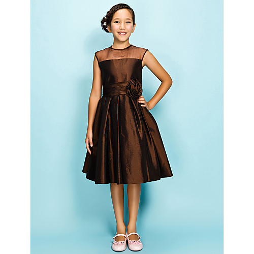 

Princess / A-Line Jewel Neck Knee Length Organza / Taffeta Junior Bridesmaid Dress with Ruched / Draping / Flower