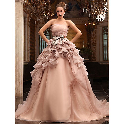 

Ball Gown Wedding Dresses Strapless Chapel Train Tulle Sleeveless Wedding Dress in Color with 2021