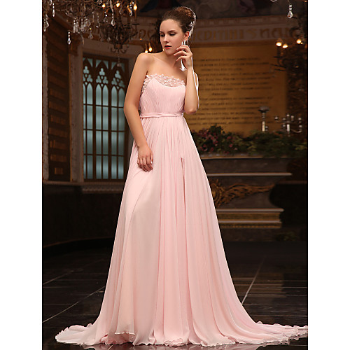 

Ball Gown Elegant Formal Evening Military Ball Dress Strapless Sleeveless Sweep / Brush Train Chiffon Satin Chiffon with Sash / Ribbon Beading Sequin 2021