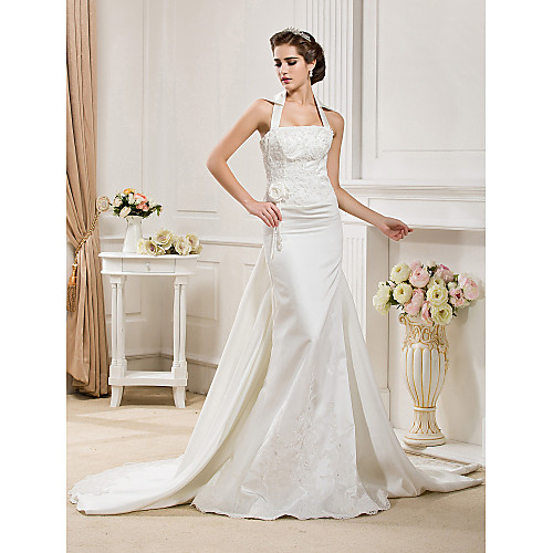 

Mermaid / Trumpet Wedding Dresses Halter Neck Court Train Satin Sleeveless with 2021 / Removable train