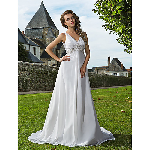 

Sheath / Column Wedding Dresses V Neck Sweep / Brush Train Chiffon Sleeveless with 2021