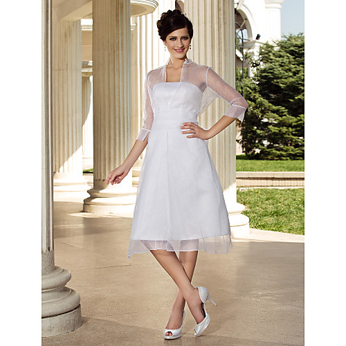

A-Line Wedding Dresses Strapless Knee Length Organza 3/4 Length Sleeve Little White Dress with Side-Draped 2021