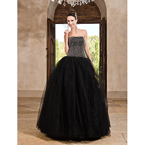 

Ball Gown Vintage Inspired Quinceanera Formal Evening Dress Strapless Sleeveless Floor Length Satin Tulle with Crystals Beading 2021