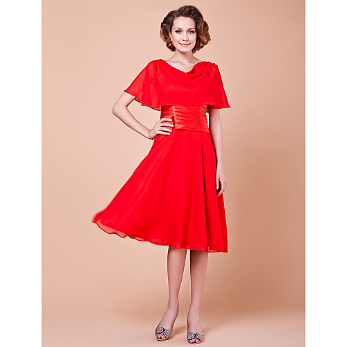 

A-Line Mother of the Bride Dress Elegant Cowl Neck Knee Length Chiffon Short Sleeve with Buttons Ruched 2021