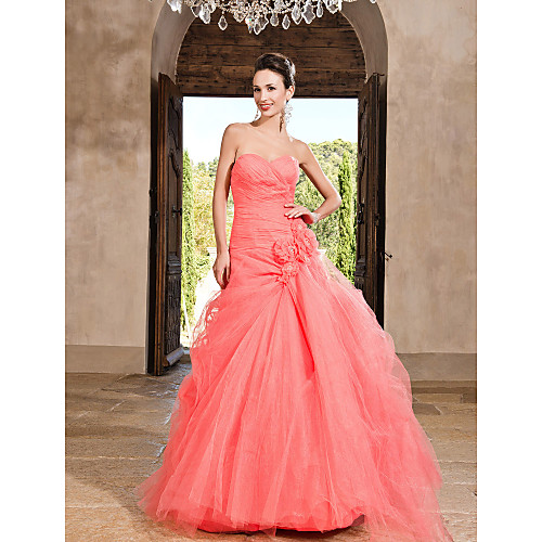 

Ball Gown Vintage Inspired Quinceanera Formal Evening Dress Sweetheart Neckline Sleeveless Floor Length Tulle with Flower 2021