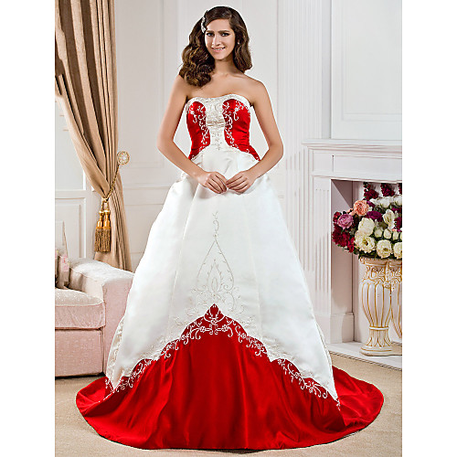 

Princess A-Line Wedding Dresses Strapless Court Train Satin Sleeveless Wedding Dress in Color with 2021