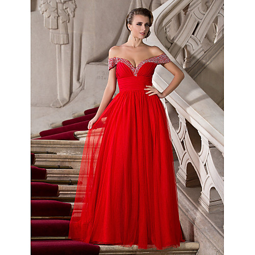 

A-Line Classic & Timeless Prom Formal Evening Dress Off Shoulder Short Sleeve Floor Length Chiffon Tulle with Ruched Beading 2021