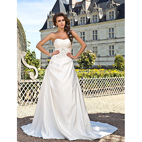 

Princess A-Line Wedding Dresses Strapless Chapel Train Satin Sleeveless with 2021