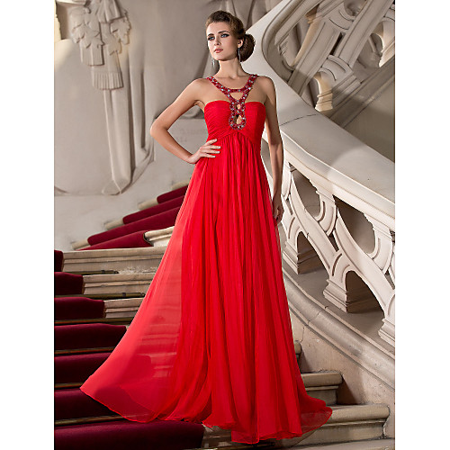 

Sheath / Column Classic & Timeless Formal Evening Military Ball Dress Straps Sleeveless Floor Length Chiffon with Ruched Crystals 2021