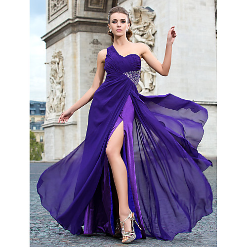 

Sheath / Column Classic & Timeless Cut Out Formal Evening Military Ball Dress One Shoulder Sleeveless Floor Length Chiffon with Beading Split Front 2021