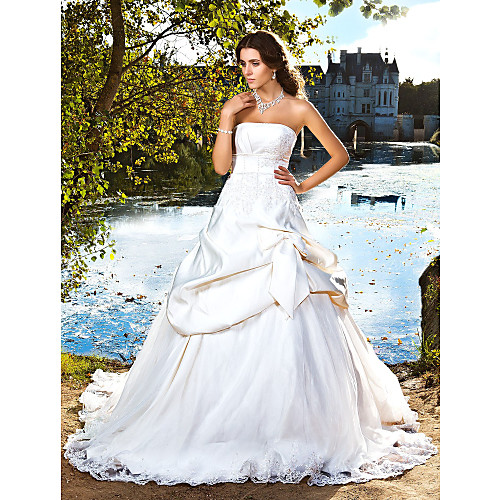 

Ball Gown Wedding Dresses Strapless Chapel Train Satin Strapless Open Back with Bowknot Pick Up Skirt Beading 2021